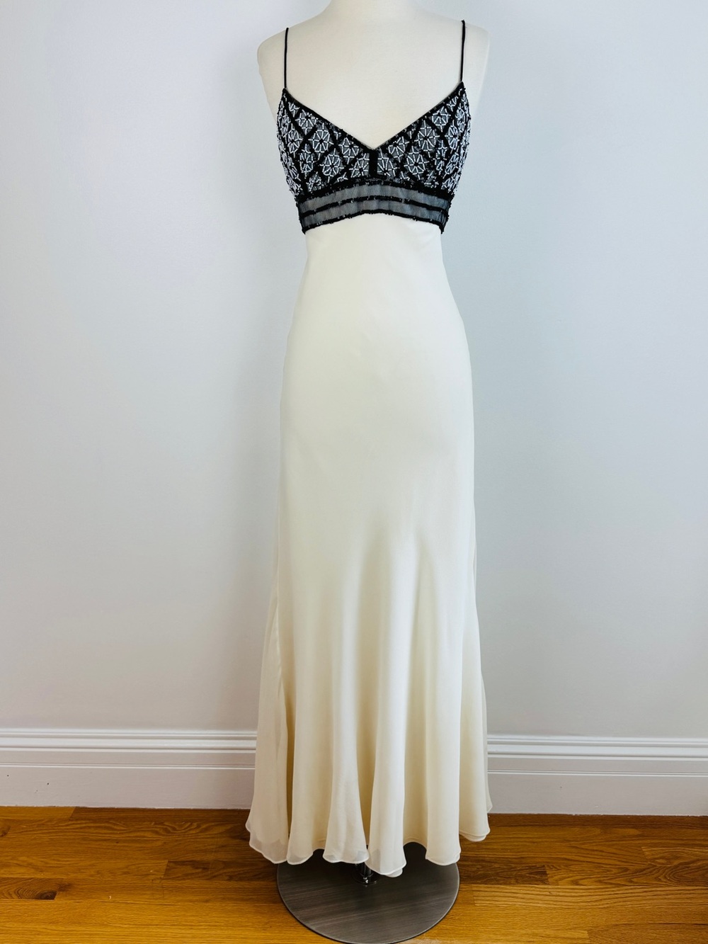 Vintage Badgley Mischka Cream Slip Dress with Black Beaded Sequin Bodice Wedding
